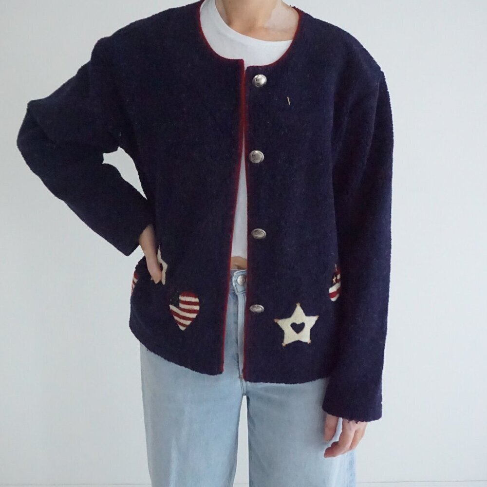 Vintage Christopher Banks Navy Hand Embroidered Heart Star Knit Cardigan M